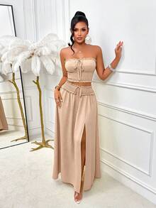 AIJ Elegant Women's Strapless Ruffle Hem Crop Top Paired With Pleated Detail Split Skirt Set, Suitable For Party And Daily Wear Summer - Apricot - View 3
