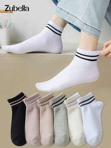 5PAIRS Women's White Black Comfort Striped Socks Athletic Striped Short Socks Ankle Socks,Style & Comfort Crew Socks, Suitable For All Seasons - View 4
