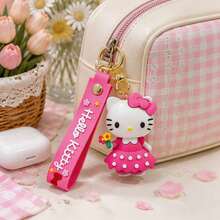 Miniso Sanrio Hello Kitty Figurine Keychain Holding Flower Bouquet Pink Dotted Dress Charm For Handbag Backpack Accessory Kawaii Aesthetic Gift - Pink - View 1