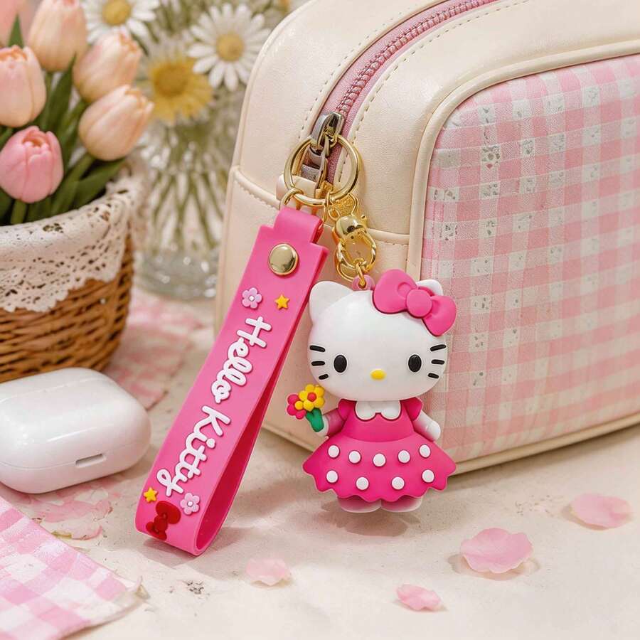 Miniso Sanrio Hello Kitty Figurine Keychain Holding Flower Bouquet Pink Dotted Dress Charm For Handbag Backpack Accessory Kawaii Aesthetic Gift - Pink - View 1