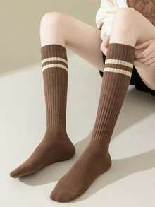 2 Pairs Women's Spring/Autumn Versatile College Style Compression Socks, Grey JK Mid-Calf Socks For Loafers, Youthful And Beautiful, Enhancing Leg Shape - Coffee Brown - View 2