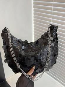 1pc Gold New Style PVC Sequin Crescent Moon Bag Women's Shoulder Bag Chain Shoulder Bag Dumpling Bag Metal Chain - Multicolor - View 5