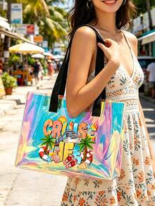 Juego de bolsas de playa de PVC de colores con tema de vida de crucero, con patrón de palmeras de coco, diseño de letras de moda "Cruise Life", bolsa de hombro transparente, bolsa de mano transparente de gran capacidad, bolsa de cosméticos de viaje portátil, bolsa de almacenamiento de artículos de tocador. Adecuada para playa, piscina, vacaciones y uso diario, perfecta para guardar trajes de baño, toallas, cosméticos, etc., ideal para amantes del verano, viajeros y entusiastas de festivales de música - Multicolor - Ver 6