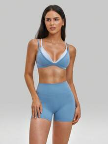 MFVIM Women's Naked Feel Triangle Cup Bra Thin Wire-Free Sports Set Backless Spaghetti Strap Fitness 2-Piece Set - Baby Blue - View 8