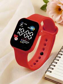 Juego de 6 piezas: Reloj digital LED cuadrado lindo para niñas combinado con pulsera de mariposa de perlas, collar, aretes y anillo, un regalo perfecto para niños. - Rojo - Ver 4