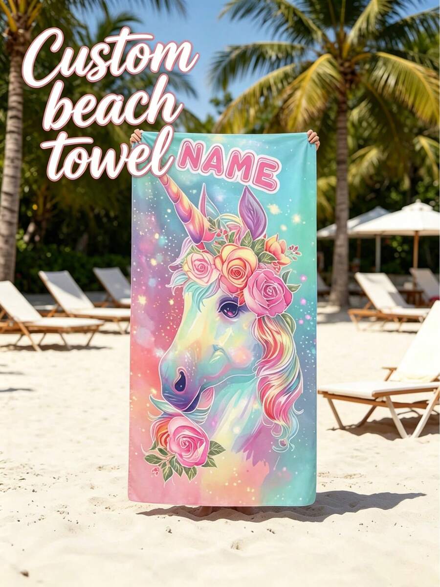 Toalla de playa personalizada con nombre, estampado de unicornio floral arcoíris, toalla de microfibra de secado rápido personalizada para niñas, verano, playa & vacaciones de natación - Multicolor - Ver 1