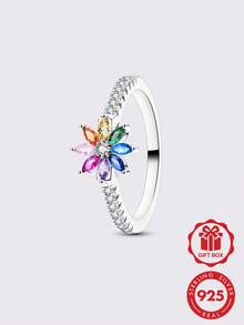 1枚时尚优雅彩色水晶花戒指 - 銀色 - 查看 3