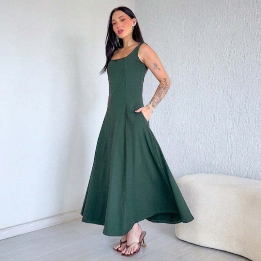 Long, Flared Dress, 100% Cotton, With Pocket And Slit. - 棕櫚 - 查看 1