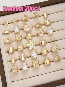 50/30/10/6pcs Women's Fashion Ring Set, Gold Flower & Faux Pearl Asymmetrical Smooth Geometric Liquid Rings, (Random Styles) - Yellow Gold - View 13