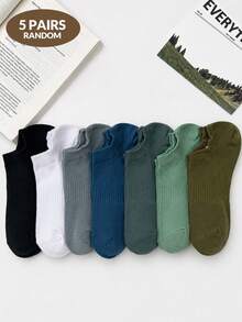 5 Pares de Meias Invisíveis Multicolores Sólidas Caneladas para Mulheres, Meias Invisíveis de Corte Baixo Respiráveis e Macias de Mistura, Adequadas para Calçados Esportivos, Uso Diário & Primavera/Verão - Multicolorido - Visão 9