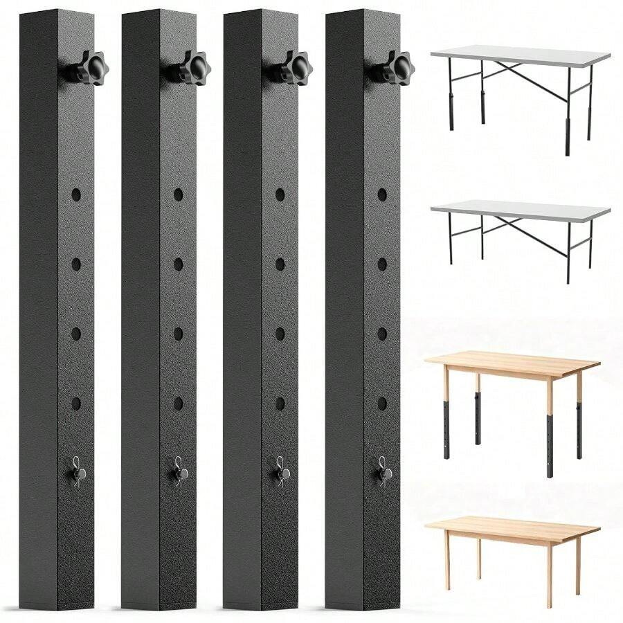 4-Pack Adjustable Folding Table Extension, Heavy-Duty Steel Square Furniture Risers With 5-Levels Height Settings (4" To 12"), Anti-Wobble Non-Slip Table Leg Extenders - 5檔可調式高度 - 查看 1