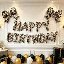 13/15pcs Leopard Print Bow Happy Birthday Letter Backdrop Banner Balloon Set, Suitable For Leopard Theme Birthday Wedding Party Decoration Balloon Props - View 4