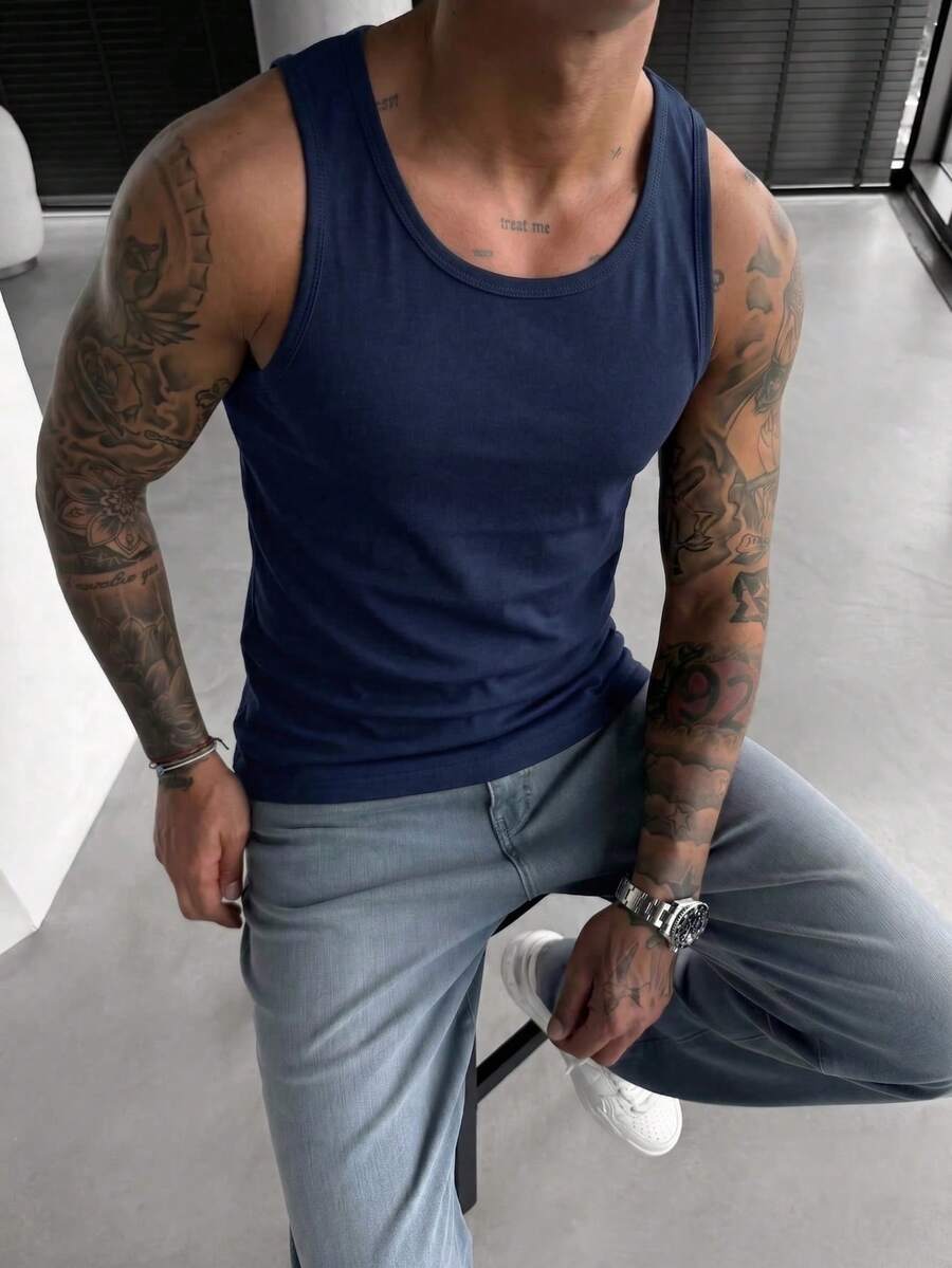 男士纯色健身背心，透气运动衫，适合健身房、跑步、训练 - 不透视背心，夏季运动休闲服，不透明面料
