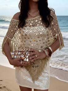 Sexy Hollow Out Fashion Multi-Way Wear Fitted Sequin Fringe Shawl, 2026 New Style, Women's Vacation Clothing, Summer Holiday, This Khaki Shiny Knit Hollow Out Shawl Is Perfect For Beach Vacation, Dating Casual Outings, Music Festivals And Various Holiday Activities. - Maroon - View 3