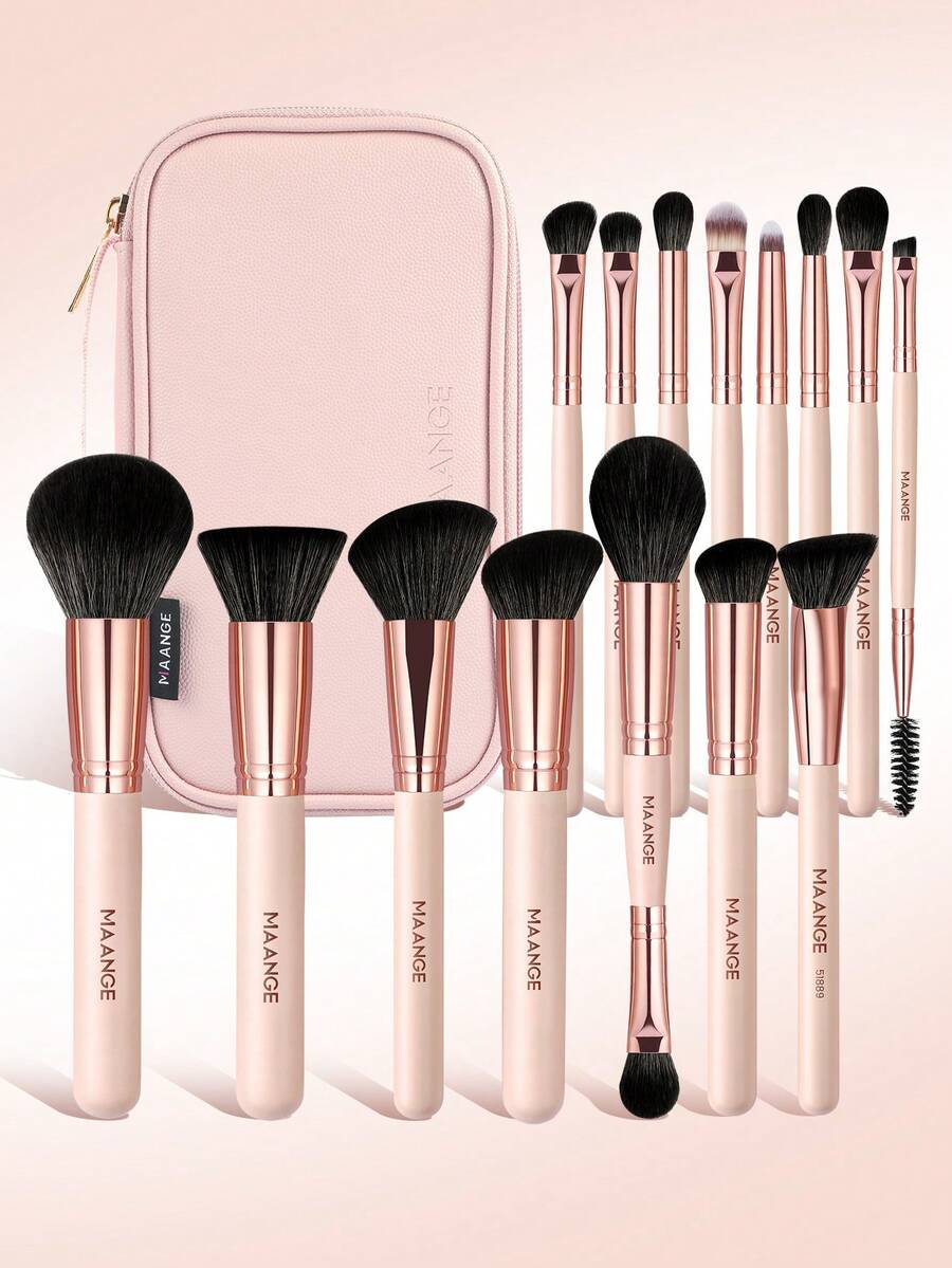 MAANGE 15/16-teiliges professionelles tragbares Make-up-Pinselset mit Reise-Make-up-Tasche, vollständiges Make-up-Werkzeugset einschließlich Foundation-Pinsel, Puder-Pinsel, Rouge-Pinsel, Lidschatten-Pinsel, Eyeliner-Pinsel, Augenbrauen-Pinsel, Wimpern-Pinsel, Verblend-Pinsel, Concealer-Pinsel und Detail-Pinsel, geeignet für Zuhause, Reisen oder Outdoor-Einsatz, Make-up-Pinsel-Geschenkset für Frauen und Mädchen