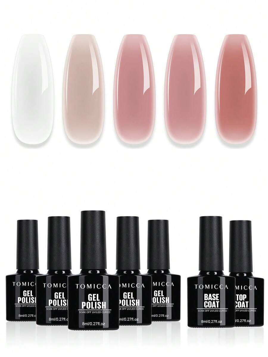 TOMICCA 7件組 8ML 乳白色裸粉色凝膠指甲油+底層塗料+封層塗料套裝，可浸泡脫色 UV/LED 燈凝膠指甲油套裝，適合初學者在家 DIY、專業美甲沙龍或作為禮物贈送的凝膠指甲油套裝