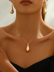 1 Set Ellipse & Teardrop-Shaped Gold Color Simple & Luxurious Earrings And Necklace, Suitable For Women To Wear In Daily Life - Gold - View 11