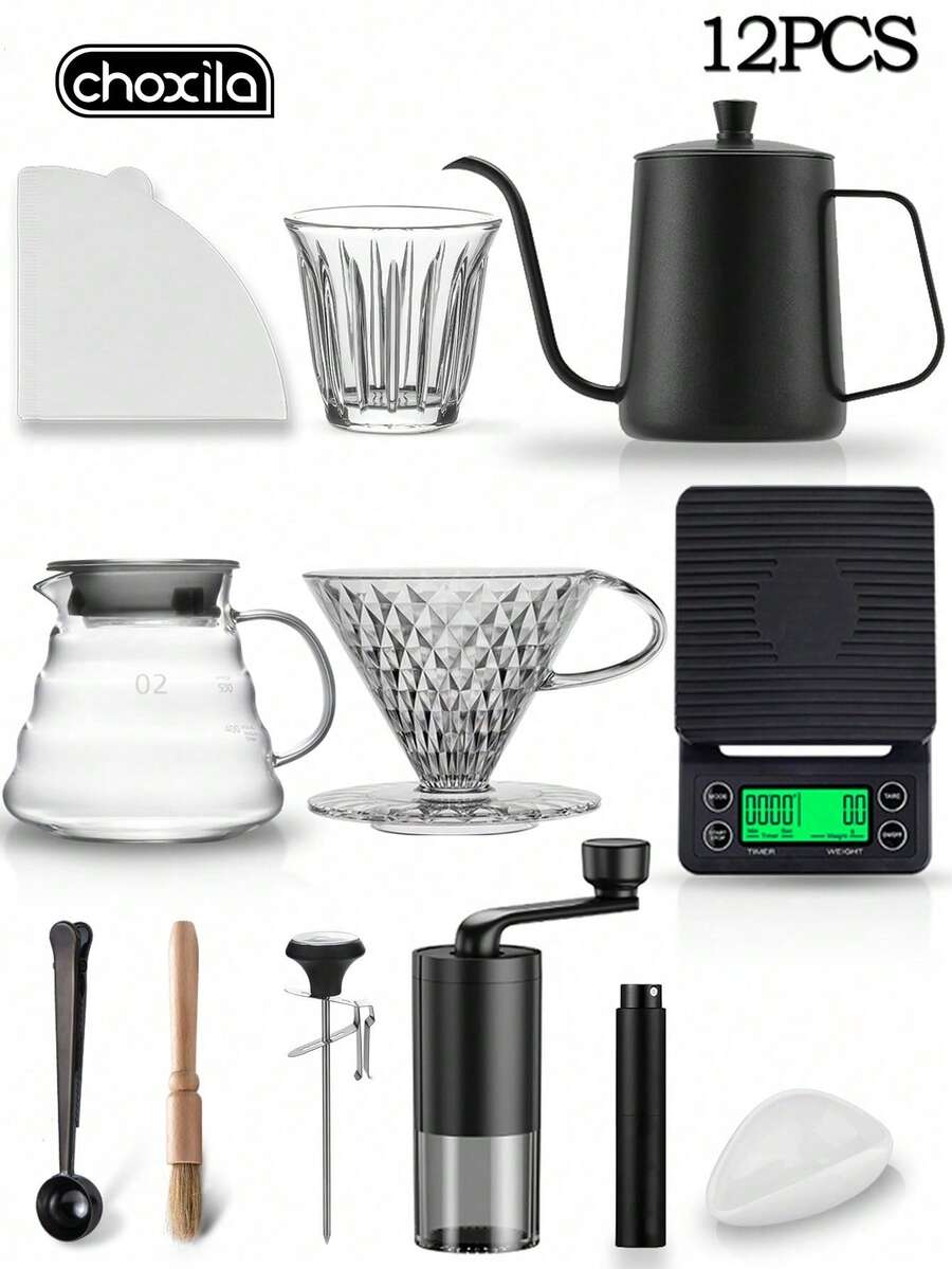 choxila #2 Set V02 Coffee Drip Set 4/6/8/10/12 Pieces 02 Pour Over Coffee Set Includes Pour Over Kettle, Filter Cup, Server, Electronic Scale, Coffee Grinder, 100 Filter Papers - V60Size02 - View 1