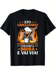 Camiseta de chef italiano para hombre - Frases italianas divertidas STO GRILLANDO & BIRRA E AIVA! Camiseta de algodón negra de manga corta con estampados, ideal para regalos para papá, fiestas de barbacoa, actividades al aire libre y ropa de estilo italiano. - Negro - Ver 1
