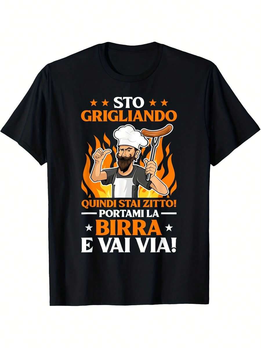 Camiseta de chef italiano para hombre - Frases italianas divertidas STO GRILLANDO & BIRRA E AIVA! Camiseta de algodón negra de manga corta con estampados, ideal para regalos para papá, fiestas de barbacoa, actividades al aire libre y ropa de estilo italiano. - Negro - Ver 1