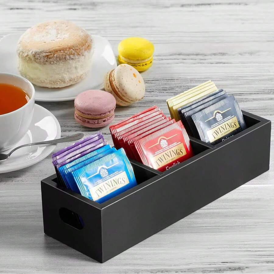 1 Kệ đựng túi trà, giá đựng túi trà bằng gỗ, hộp đựng trà có 3 ngăn, có ngăn đựng gói đường, hộp lưu trữ túi trà để bàn - Nhiều màu - Xem 1