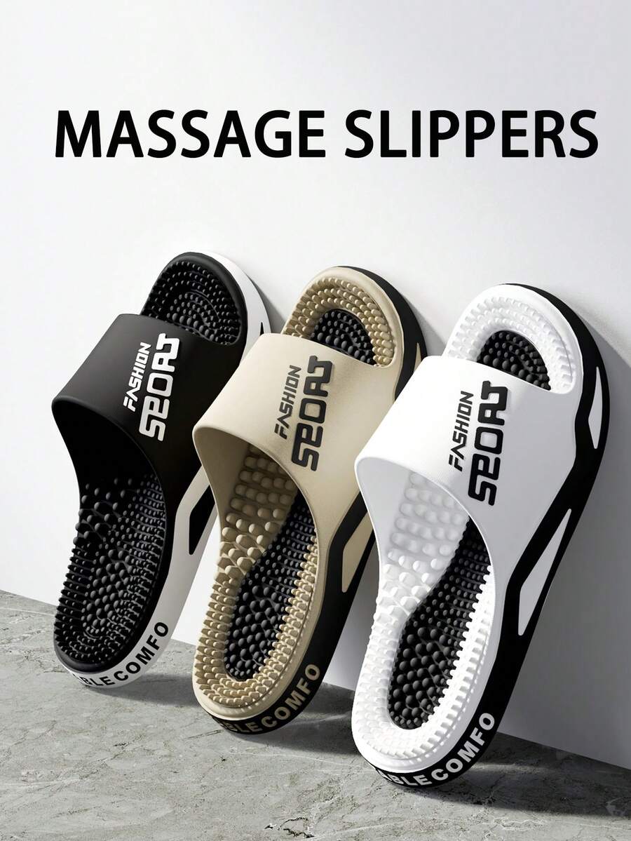 Unisex Indoor Home Massage Slippers, Soft Bottom Comfortable Pressure-Relieving Wear-Resistant Bathroom Shower Slides, Fashion Letter Acupressure Massage Slippers For Couples - White - View 1