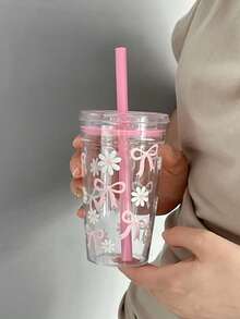 1個甜美風蝴蝶結雛菊印花透明吸管杯，粉色蓋防漏少女風冷飲杯，大容量自製奶茶杯，開學第一天適用 - 粉色 - 查看 5