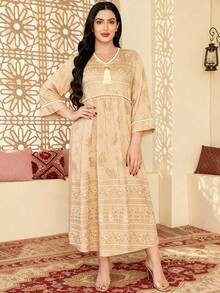 Heavy Gold Embroidery Arabic Women's Summer Apricot Elegant Dress, JALABIA 9/10 Flare Sleeve Fashion Luxury Creative, Summer Casual Travel Outfit - Apricot - View 5