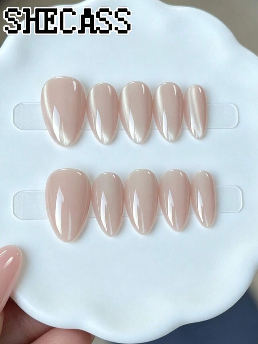 Shecass 高品質裸色貓眼杏仁形穿戴甲,純色奶油白亮面磁吸貓眼假指甲,極簡優雅自然可重複使用美甲套組,適合日常工作、約會、萬聖節、新娘、夏季短款音樂節、開學季 - 彩色 - 查看 1