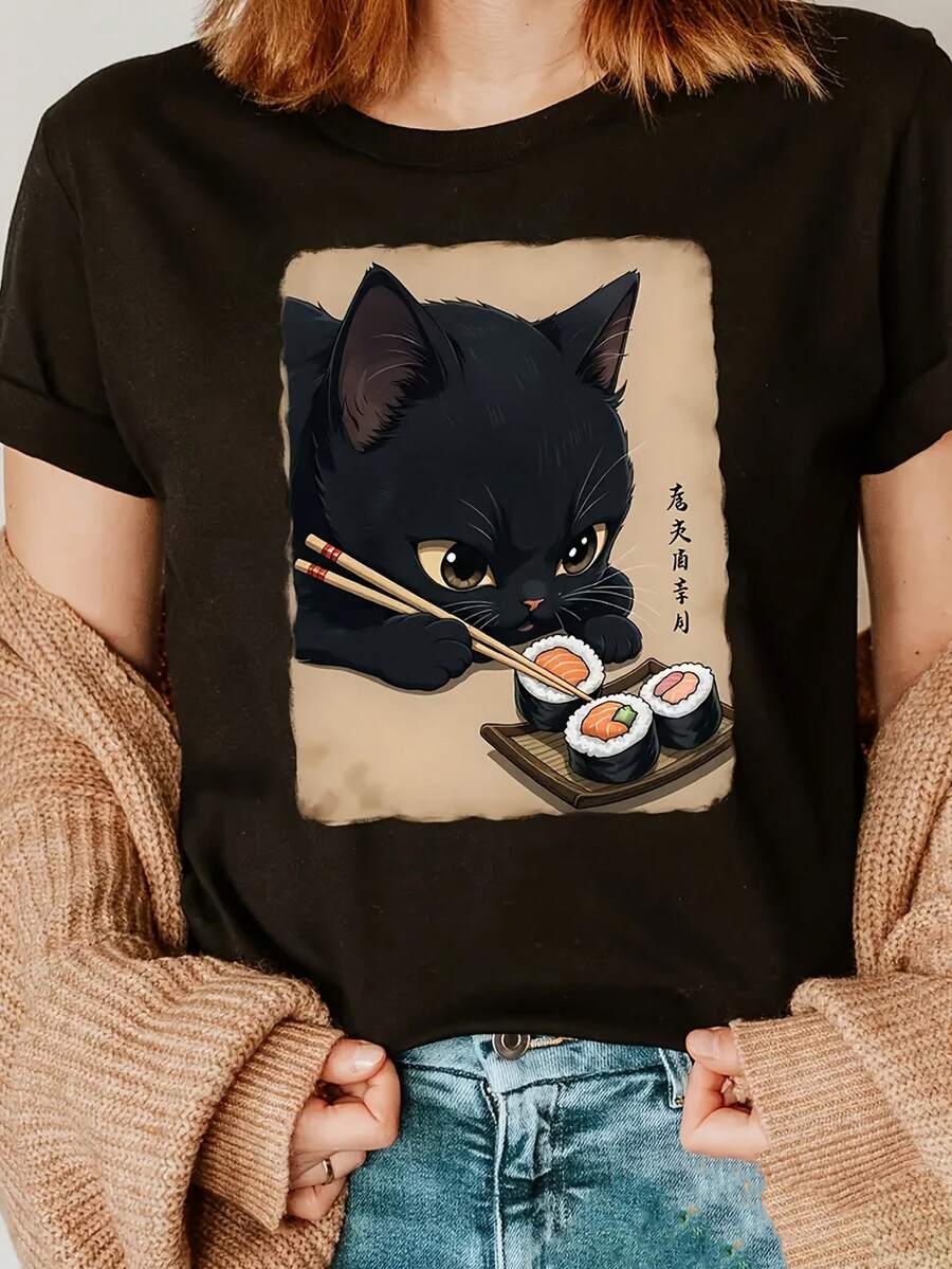 Camiseta Gráfica de Otoño 100% Algodón para Mujer - Estampado de Cuadros y Leopardo Floral, Cuello Redondo Manga Corta Ajuste Holgado, Transpirable Lavable a Máquina, Regalo Ideal, Moda Temp