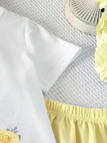 2pcs/Set Young Girls Figure & Floral Print T-Shirt + Solid Color Bow Decor Elegant A-Line Skirt Set, Summer - Yellow - View 5