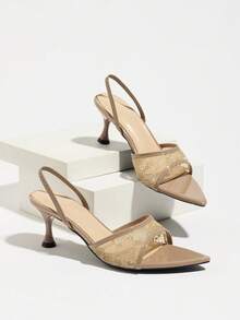 Women's Elegant Lace Mesh Mule Sandals, Classic Sexy Wide Strap Pointed Toe Open Toe Elastic Band Kitten Heel Wine Glass Low Heel Shoes, Spring Summer Fashion Night Party Runway Casual Home Outdoor Shopping Travel Avant-Garde Office Commute Slip-On Back Strap Sandals, High-End Texture Mirror Skin-Friendly Hollow Mesh Lace Texture Avant-Garde Elegant Warm Versatile Khaki Women's Shoes Ramadan High Heel Sandals - Khaki - View 8
