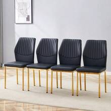 [Set Of 4] Chic Dining Chairs In A Luxurious And Light Style: Black PU Backrest With Vertical Embossing + Gold Metal Legs, Suitable For Dining Rooms Or Living Rooms In A Luxurious And Light Design. - Black - View 3