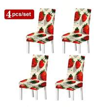 Universal Size Strawberry Print Stretch Chair Covers, Packs(1/2/4/6/8Pcs), Two Designs: Full Strawberry & Red Gingham Strawberry, High Elastic Full Wrap Washable, 2D Printed, Easy Install For Kitchen, Party Decor & Gifts. - Multicolor - View 12