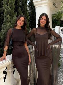 Brown Romantic Elegant Fashion Chiffon Poncho Design Knitted Ruched Mermaid Maxi Dress, Teardrop Button Back, Suitable For Spring/Summer Dates & Gatherings - Brown - View 9