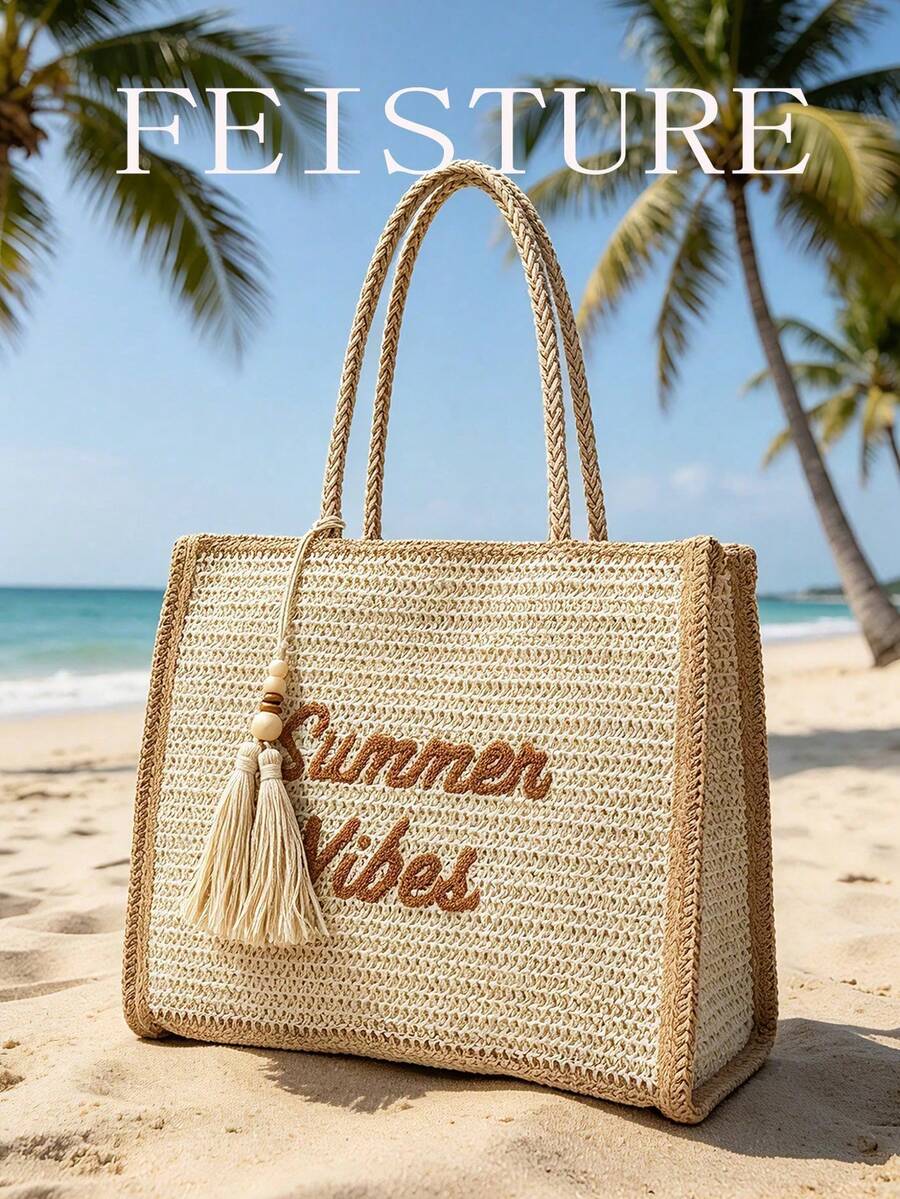 Summer Straw Tote Bag,Embroidered Mesh Beach Bag, Large Woven Shoulder Bag For Vacation & Daily Use