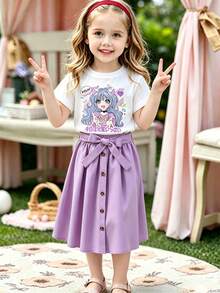 Tween Girl Cartoon Print Short Sleeve Top And Mini Skirt 2 Pieces Set - White - View 1