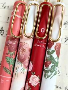 Set 4 Pulpen Ballpoint Tarik Motif Mawar Vintage - Tulisan Halus, Ujung Sedang, Tinta Hitam, Desain Ergonomis, Perlengkapan Alat Tulis yang Lucu, Cocok untuk Sekolah, Kantor, dan Penggunaan Sehari-hari - Sempurna untuk Kembali ke Sekolah, Halloween, Natal - pulpen - View 6