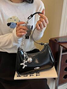 輕奢小眾極簡高級女款腋下包，百搭通勤純色鍊條肩背斜背半月包 - 黑色 - 查看 2