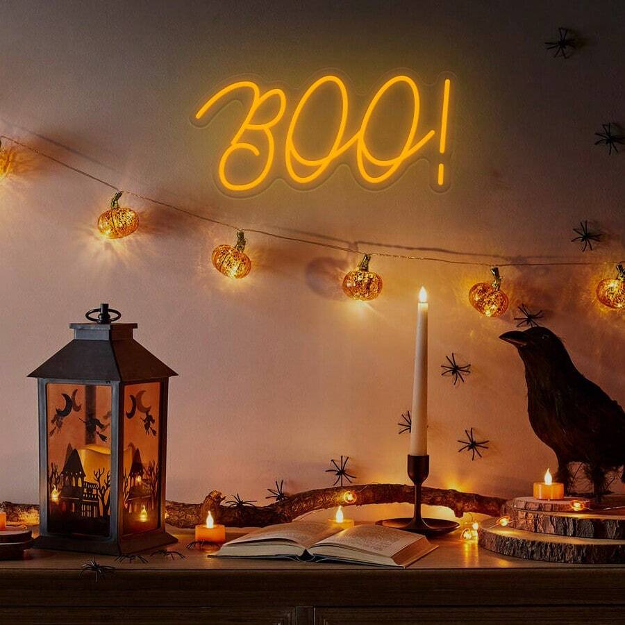 1個 Boo! 霓虹燈牌，USB供電暖黃色LED霓虹燈，壓克力牆面裝飾，草寫字體設計，可調光燈，適用於萬聖節派對、臥室、酒吧及恐怖主題家居裝飾 - 多色光 - 查看 1