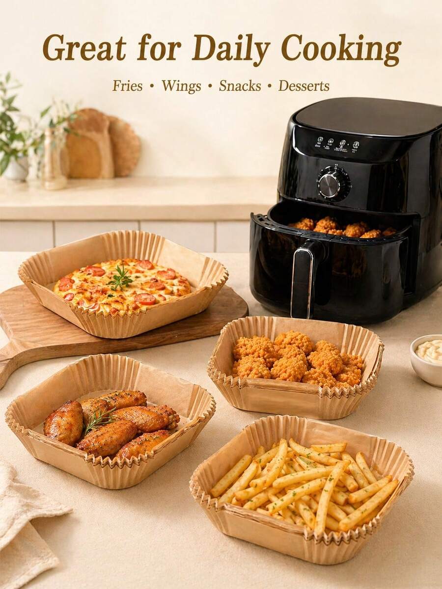 50/100/200pcs Air Fryer Parchment Paper Liners, Square Non-Stick Baking Paper With High Edges, Oil-Proof, Suitable For Oven, Fryer Basket, Baking, Cooking, Easy To Clean, Parchment Paper Baking Supplies, Kitchen And Restaurant Essentials