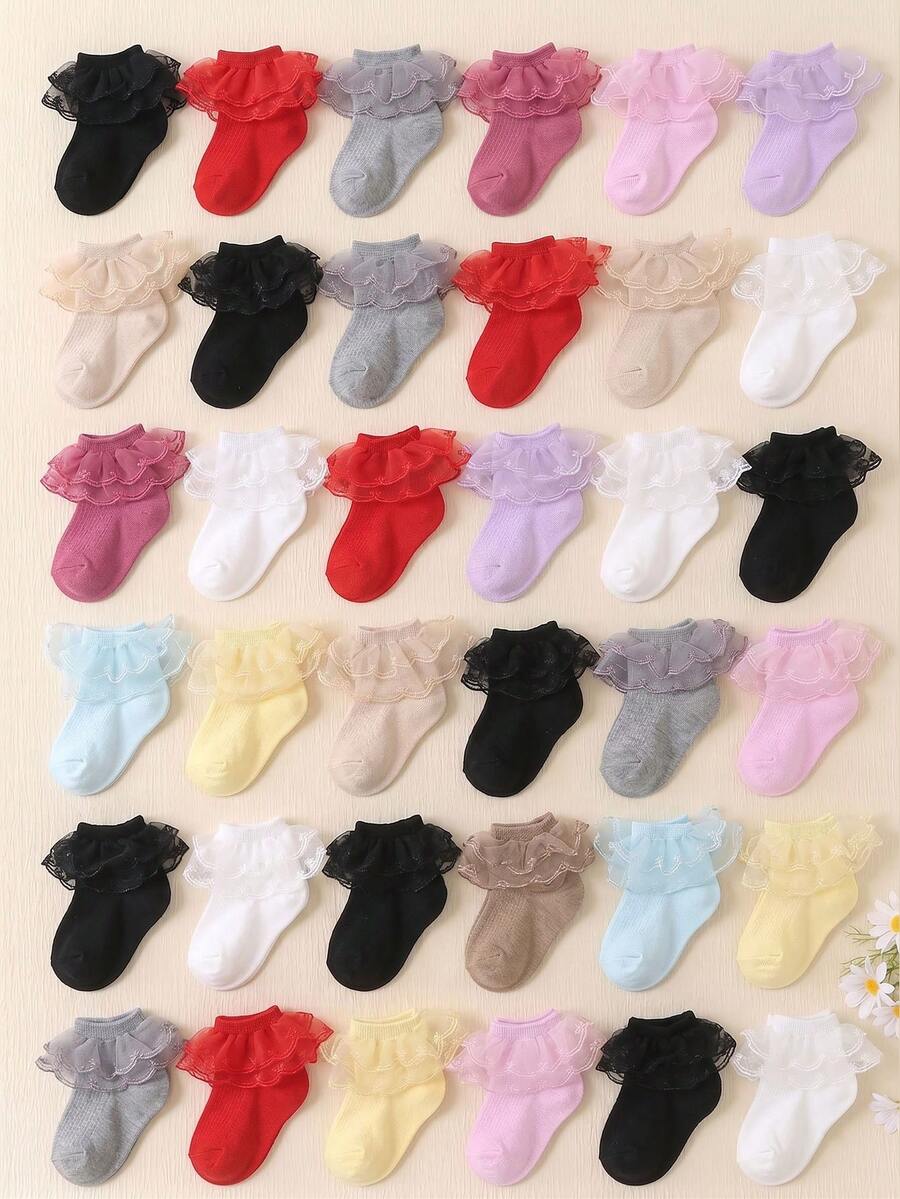 10/5双/套 女婴双层蕾丝边袜,颜色随机。采用透气网布制成,可爱公主风婴儿袜,甜美可爱,适合女婴穿着。 - 彩色 - 查看 1