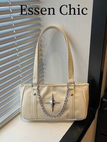 1pc White Summer New Metal Star Hardware Chain Decor Solid Color PU Baguette Bag Women's Shoulder Bag - White - View 1