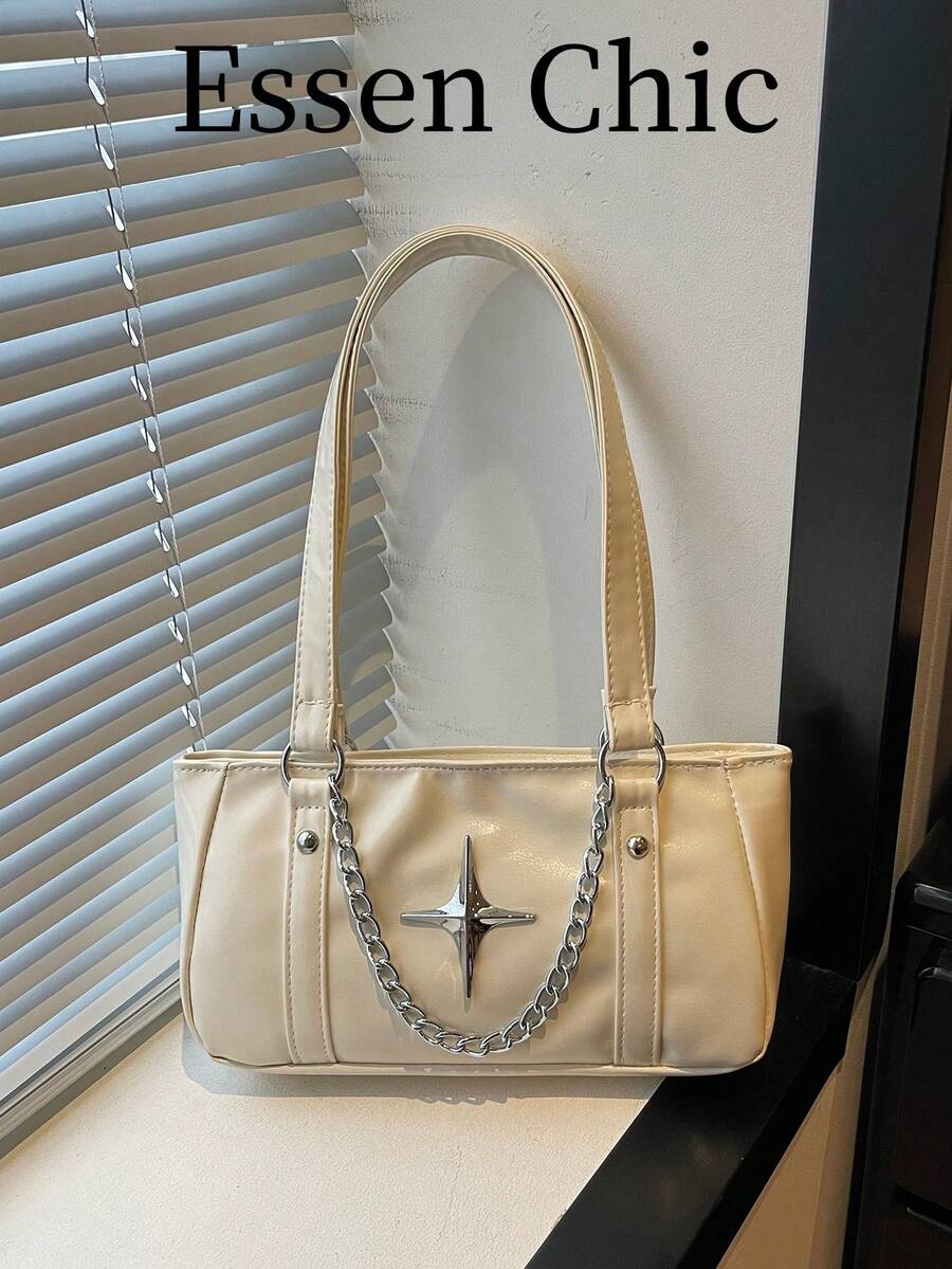 1pc White Summer New Metal Star Hardware Chain Decor Solid Color PU Baguette Bag Women's Shoulder Bag - White - View 1