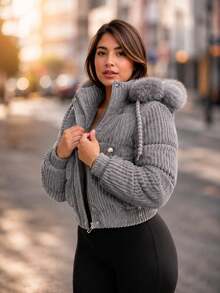 PUFF JACKET - WARM AND LINED WINTER JACKET - COAT - WOMEN'S COLD WEATHER BLOUSE FOR PARTIES - Light Grey - View 3