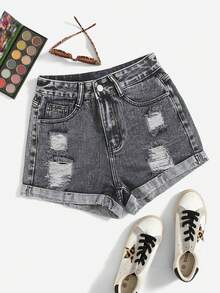 OODS  Shorts vaqueros de mujer para verano con bolsillos sesgados y rotos, con puños - Gris Oscuro - Ver 2