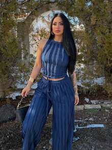 Women's Fitted Tank Top With Reverse Seam Crop Top And Wide Leg Pants 2 Pieces Set - Navy Blue - View 4