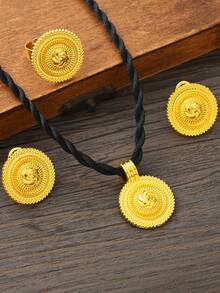 3pcs/Set Classic Minimalist Golden Color Swirl Pattern Jewelry Set, Single/Double Pendant, Earrings, Ring, Necklace Combination, Middle Eastern Daily Fashion Cute Women Girls Jewelry, African Arabic Birthday Party Gathering Wedding Engagement Holiday Accessories Gift - Yellow Gold - View 5
