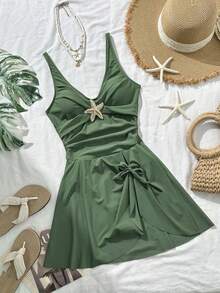 yonghongmaoyi1 Zestiva Falda de traje de baño elegante para mujer con correa ancha de unicolor y decoración de estrella de mar, adecuada para primave - Verde - Ver 10