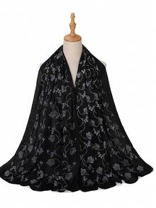 1pc Crinkled Satin Hijab Scarf, Suitable For Daily Wear - Black and White - View 2